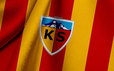 kayserispor, turco time de futebol, laranja bandeira vermelha, emblema, textura de tecido, logo, kayseri, a turquia
