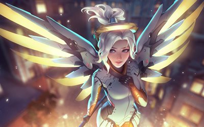 4k, Overwatch, Mercy, girl with wings, cyber warrior