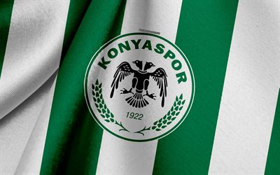 konyaspor, turco time de futebol, verde bandeira branca, emblema, textura de tecido, logo, konya, a turquia