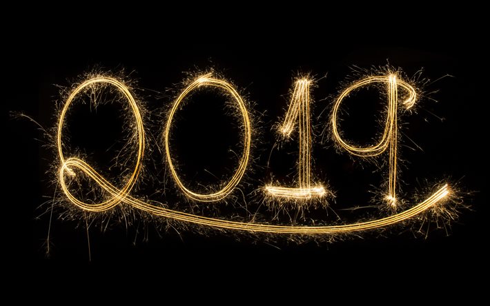 2019 conceptos, Año Nuevo, fuegos artificiales, Navidad, noche, cielo, luces, 2019 año