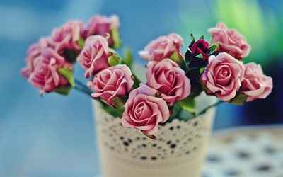 pink roses, close-up, HDR, bouquet, buds, pink flowers, pot of roses