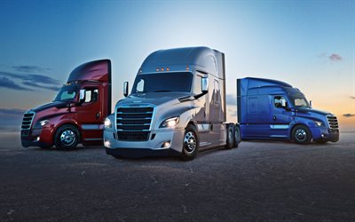 Freightliner Cascadia, 4k, coucher de soleil, 2018 camions, de nouvelles Cascadia, camion semi-remorque, CAMION, camions Freightliner