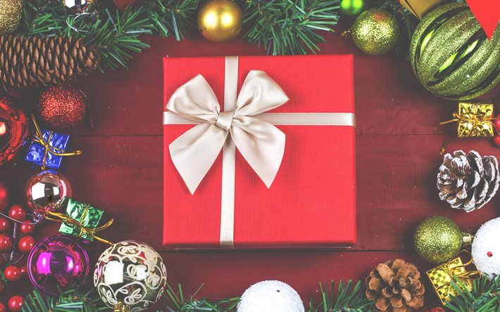 rojo de regalo, lazo de seda blanca, Navidad, Año Nuevo, decoración, regalo de Navidad