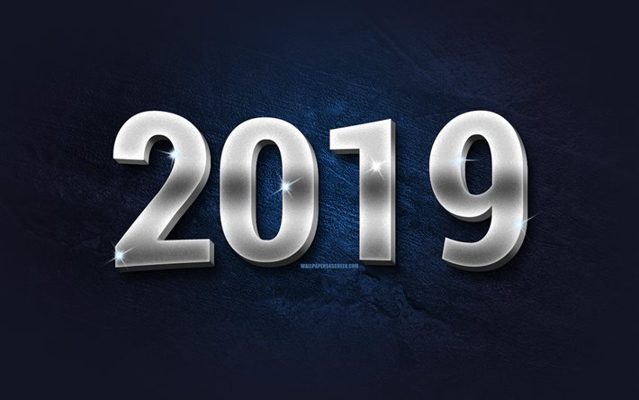 2019 year, metal digits, blue stone, 2019 concepts, 3D digits, Happy New Year 2019, creative