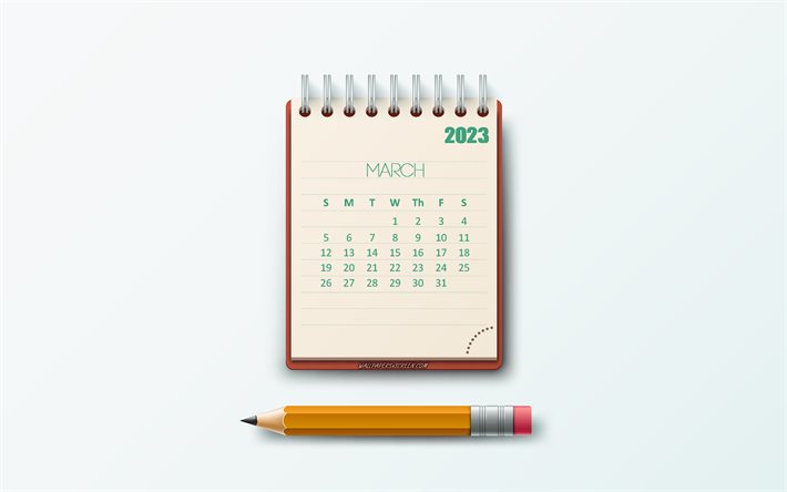 maaliskuun 2023 kalenteri, 4k, muistilehtiö paperia, 2023 konseptit, paperitavara tausta, 2023 maaliskuun kalenteri, 2023 kalenterit, maaliskuuta, luovaa taidetta