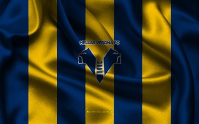 4k, logo hellas verona fc, tessuto di seta giallo blu, società di calcio italiana, stemma dell'hellas verona fc, serie a, italia, calcio, bandiera dell'hellas verona