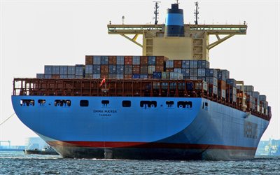 Emma Maersk, container ship, rear view, large ship, container transportation, cargo delivery by sea, shipping, Moller-Maersk