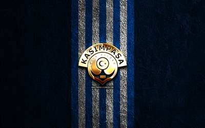 goldenes kasimpasa logo, 4k, hintergrund aus blauem stein, superlig, türkischer fußballverein, kasimpasa logo, fußball, kasimpasa emblem, kasimpasa, kasimpasa fc