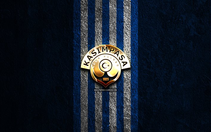Kasimpasa golden logo, 4k, blue stone background, Super Lig, turkish football club, Kasimpasa logo, soccer, Kasimpasa emblem, Kasimpasa, football, Kasimpasa FC