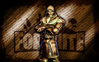 Gold Foil Doctor Doom Fortnite, 4k, brown diagonal background, grunge art, Fortnite, artwork, Gold Foil Doctor Doom Skin, Fortnite characters, Gold Foil Doctor Doom, Fortnite Gold Foil Doctor Doom Skin