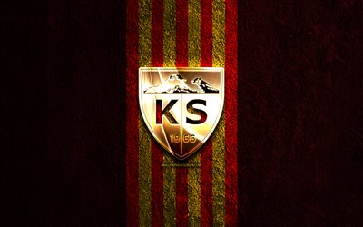 goldenes kayserispor logo, 4k, roter steinhintergrund, superlig, türkischer fußballverein, kayserispor logo, fußball, kayserispor emblem, kayserispor, kayserispor fc