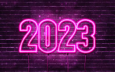 yeni yılınız kutlu olsun 2023, 4k, mor tuğla duvar, elektrik telleri, 2023 kavramları, 2023 neon rakamlar, 2023 yeni yılınız kutlu olsun, neon sanat, yaratıcı, 2023 mor arka plan, 2023 yılı, 2023 mor rakamlar