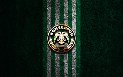 logotipo dorado de konyaspor, 4k, fondo de piedra verde, súper liga, club de fútbol turco, logotipo de konyaspor, fútbol, emblema de konyaspor, konyaspor, konyaspor fc