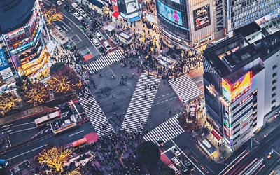 incrocio di shibuya, sera, città giapponesi, grattacieli, folla di persone, shibuya, tokio, giappone, asia, punti di riferimento di tokyo