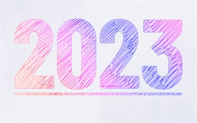 4k, 2023 frohes neues jahr, bunt skizzierte ziffern, 2023 konzepte, kreativ, 2023 3d ziffern, frohes neues jahr 2023, 2023 grauer hintergrund, 2023 jahr, kunst skizzieren