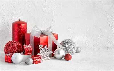 decoración navideña roja, feliz año nuevo, feliz navidad, gran vela roja, bolas navideñas rojas, fondo de navidad, patrón de navidad