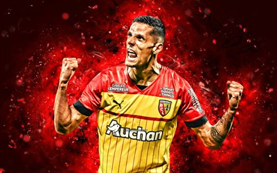 Florian Sotoca, 4k, red neon lights, Lens FC, Ligue 1, creative, French footballers, Florian Sotoca 4K, red abstract background, football, soccer, RC Lens, Florian Sotoca Lens