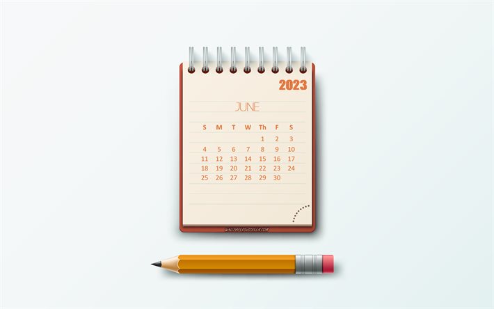 kesäkuun 2023 kalenteri, 4k, muistilehtiö paperia, 2023 konseptit, paperitavara tausta, 2023 kesäkuun kalenteri, 2023 kalenterit, kesäkuuta, luovaa taidetta