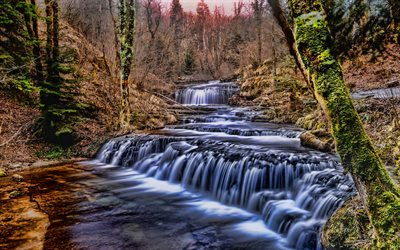 mountain stream, cascades, autumn landscape, river, waterfalls, autumn, forest, mountains, moss on trees, autumn forest