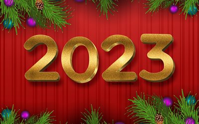4k, 2023 gott nytt år, jul ramar, 2023 koncept, gyllene glitter siffror, 2023 3d siffror, gott nytt år 2023, kreativ, 2023 gyllene siffror, 2023 röd bakgrund, 2023 år