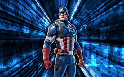 4k, Captain America Fortnite, blue rays background, Captain America Skin, abstract art, Fortnite Captain America Skin, Fortnite characters, Captain America, Fortnite, creative art