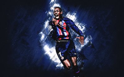 Ousmane Dembele, FC Barcelona, goals, French football player, striker, blue stone background, Champions League, football