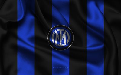 4k, logo dell'inter, tessuto di seta nero blu, società di calcio italiana, stemma dell'inter, serie a, italia, calcio, bandiera dell'inter, internazionale, nerazzurri