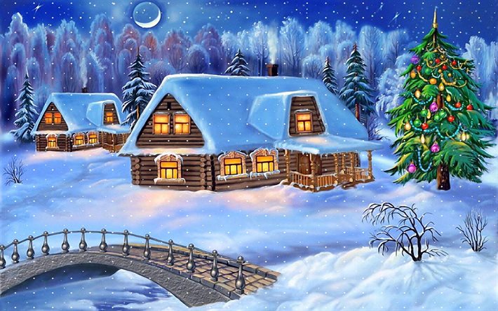 Noël, 4k, village, hiver, Nouvelle Année