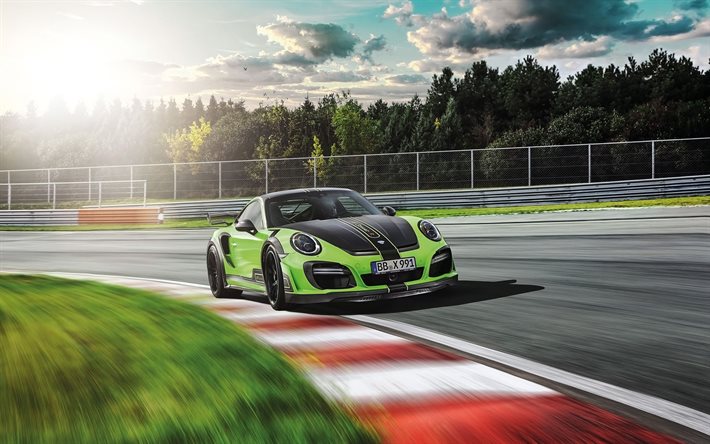 Porsche 911 Turbo GTstreet R, speed, 2016 cars, TechArt, tuning, movement, supercars, green Porsche
