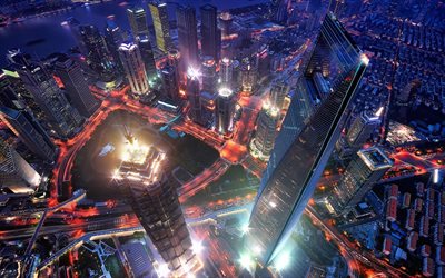 Şangay Dünya Finans Merkezi, gece, gökdelenler, ışıklar, Asya, Şanghay, Çin