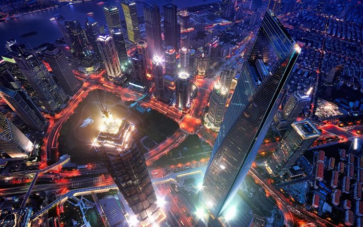 Shanghai World Financial Center, notte, grattacieli, luci, Asia, Shanghai, Cina