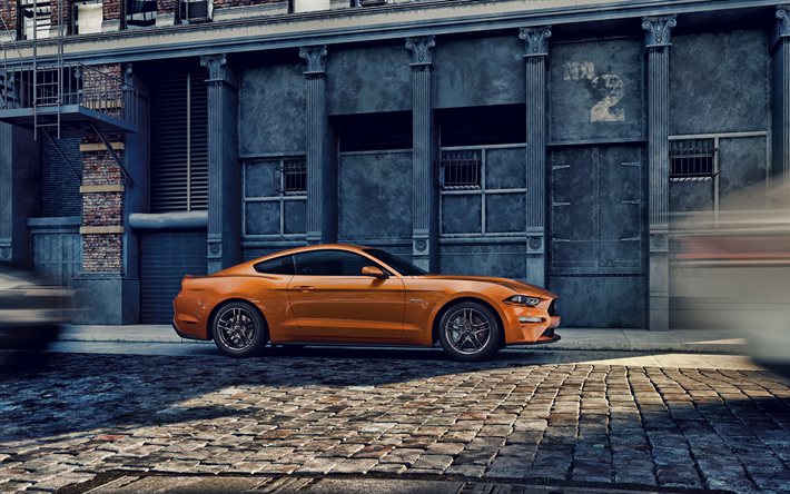 Ford Mustang, 4k, street, 2019 cars, supercars, yellow Mustang, 2019 Ford Mustang, american cars, Ford