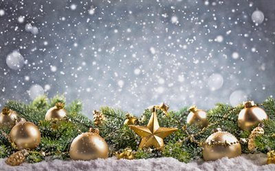 Noël, décoration de reflets, fond gris, décorations dorées, Joyeux Noël, lumières de Noël, noël, bonne et Heureuse année