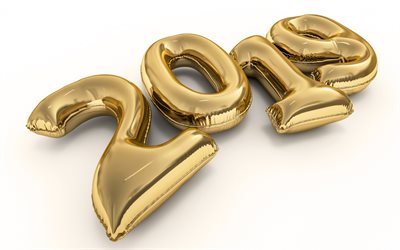 2019 gold balloon digits, Happy New Year 2019, white background, 2019 golden balloons, 2019 3D art, 2019 concepts, 2019 on white background, 2019 year digits