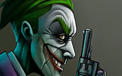 joker in profile, revolver, anti-hero, joker with gun, creative, superheroes, antagonist
