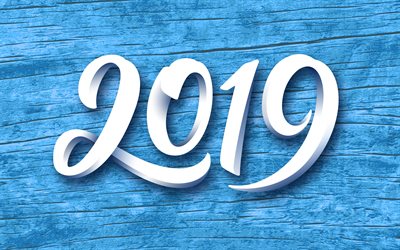 2019 Año Nuevo, fondo de madera azul, letras blancas, Feliz Año Nuevo, tarjeta de felicitación, 2019 fondo azul