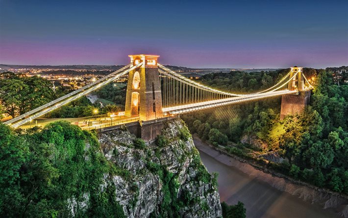 クリフトン吊橋, 川エイボン, ブリストル, 夜, 美しい橋, 夕日, イギリス, 英国