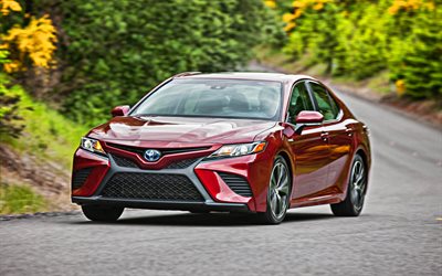 Toyota Camry, 2018, SE Hybrid, front view, red sedan, new red Camry, japanese cars, Toyota