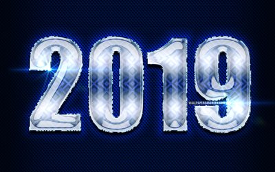 2019 السنة الجديدة, الزجاج الحروف, الإبداعية الأرقام, 2019 خلفية زرقاء, سنة جديدة سعيدة, الأزرق ضوء النيون, 2019 الزجاج مفهوم