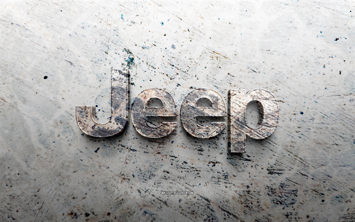 logo jeep in pietra, 4k, sfondo di pietra, logo jeep 3d, marchi automobilistici, creativo, marchio della jeep, arte del grunge, jeep