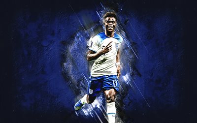 Bukayo Saka, England national football team, Qatar 2022, English footballer, blue stone background, football, England