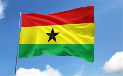 bandiera del ghana sull'asta della bandiera, 4k, paesi africani, cielo blu, bandiera del ghana, bandiere di raso ondulato, simboli nazionali ghanesi, pennone con bandiere, giorno del ghana, africa, ghana