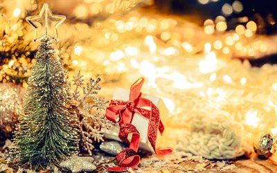 メリークリスマス, 夜, あけましておめでとう, クリスマスツリー, クリスマスプレゼント, 赤い絹のリボン, 燃える花輪, クリスマスの夜, クリスマス ツリーと背景