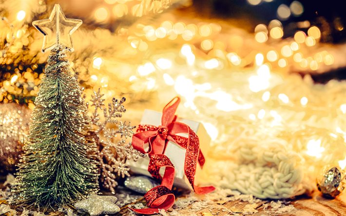 feliz navidad, tardecita, feliz año nuevo, árbol de navidad, regalos de navidad, cinta de seda roja, guirnaldas ardientes, nochebuena, fondo con árbol de navidad
