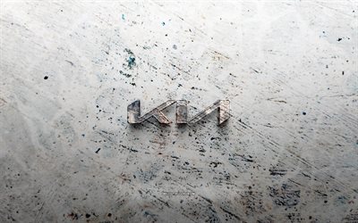 logo kia en pierre, 4k, fond de pierre, logo kia 3d, marques de voitures, créatif, logo kia, grunge art, kia