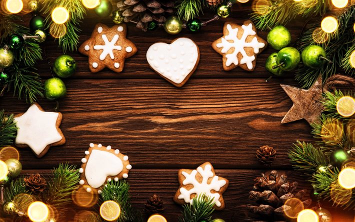 quadros de natal, 4k, biscoitos natalinos, fundos de madeira marrons, decorações de natal, natal, feliz natal, feliz ano novo