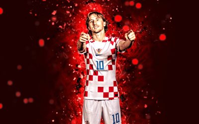 luka modric, 4k, néons rouges, équipe nationale de croatie, football, footballeurs, fond abstrait rouge, équipe croate de football, luka modric 4k