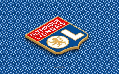 4k, Olympique Lyonnais isometric logo, 3d art, French football club, isometric art, Olympique Lyonnais, blue background, Ligue 1, France, football, isometric emblem, Olympique Lyonnais logo, Lyon