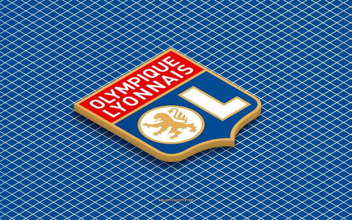 4k, olympique lyonnais isometrisches logo, 3d kunst, französischer fußballverein, isometrische kunst, olympique lyon, blauer hintergrund, liga 1, frankreich, fußball, isometrisches emblem, olympique lyonnais logo, lyon