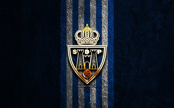 sd ponferradina logotipo dourado, 4k, fundo de pedra azul, la liga 2, clube de futebol espanhol, logo sd ponferradina, futebol, sd ponferradina emblema, laliga2, sd ponferradina, ponferradina fc